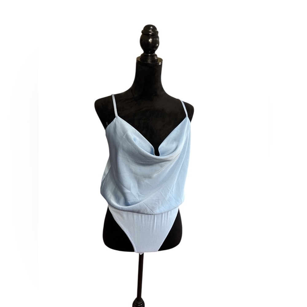 She + Sky Light Blue Draped Cowl Neck Bodysuit Size L New - Picture 2 of 7